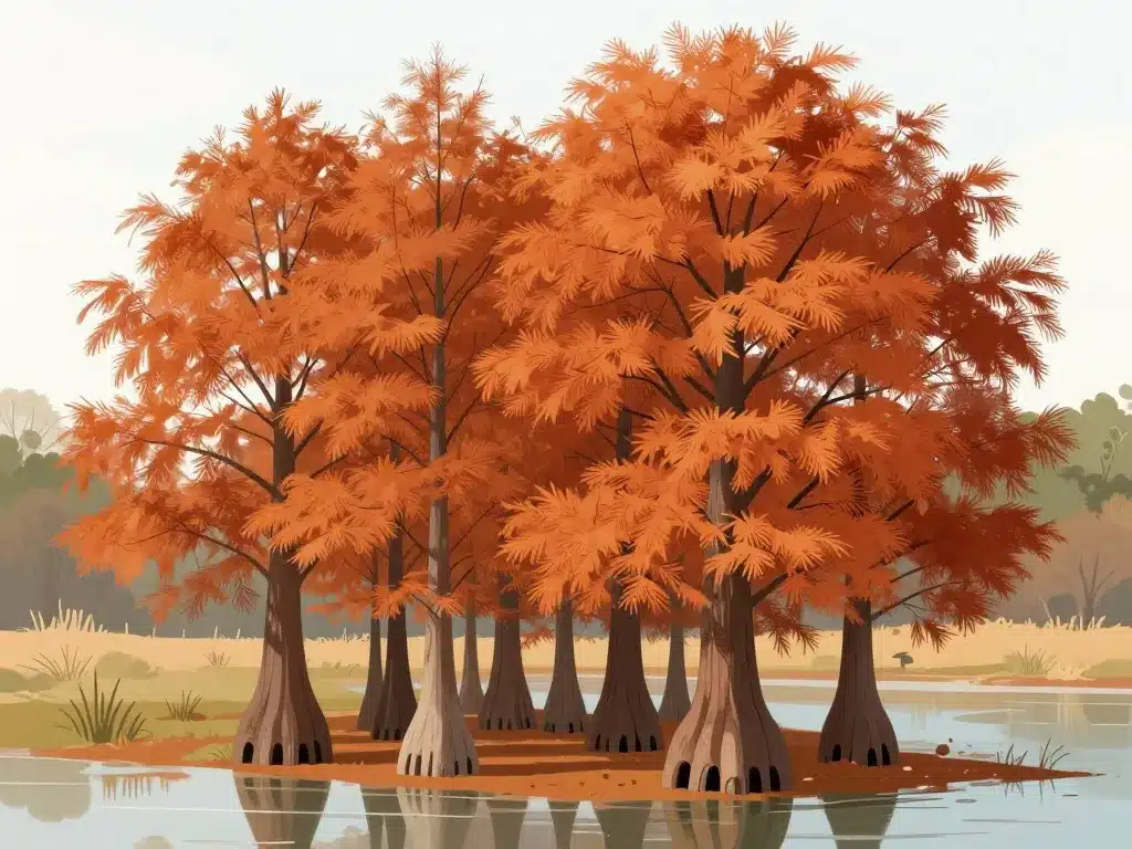 cyprès chauve feuillage cuivre racines genoux