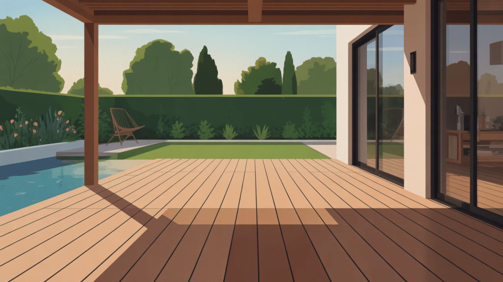 Illustration d'une terrasse bois montrant l'espace entre lame de terrasse