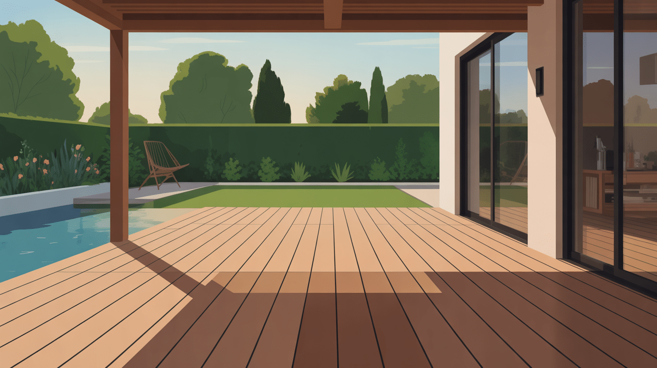 Illustration d'une terrasse bois montrant l'espace entre lame de terrasse