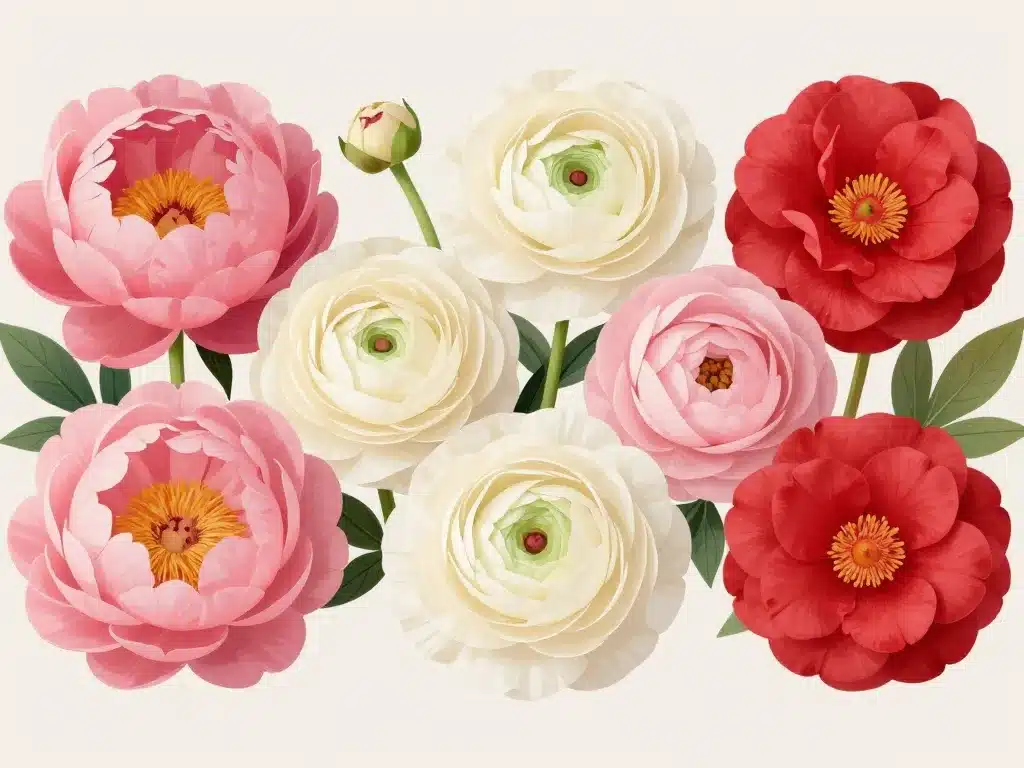peonies, renoncules et camélias en exposition de fleur qui ressemble à une rose