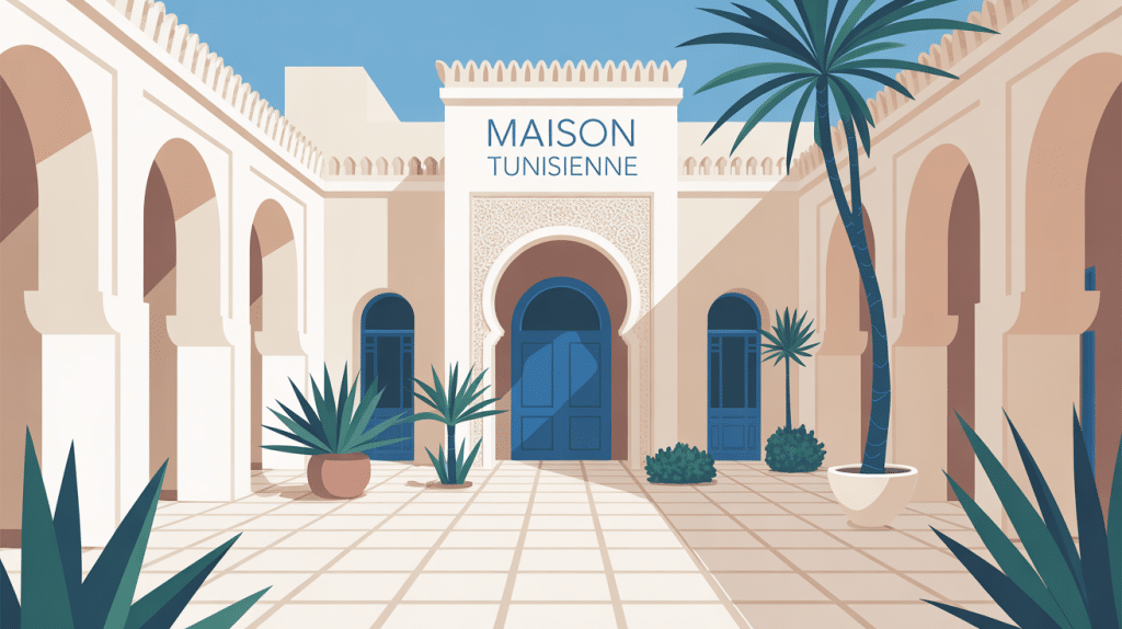 Illustration de l'architecture maison tunisienne moderne patio arcs bleu