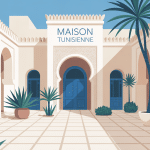 Illustration de l'architecture maison tunisienne moderne patio arcs bleu