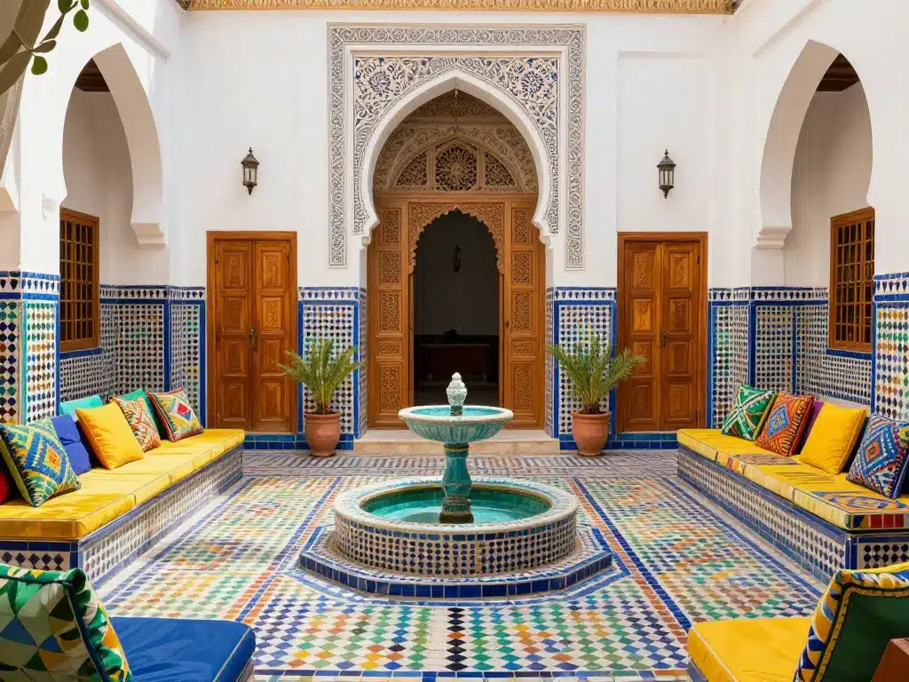Intérieur maison tunisienne traditionnel patio zellige bois mosaïque
