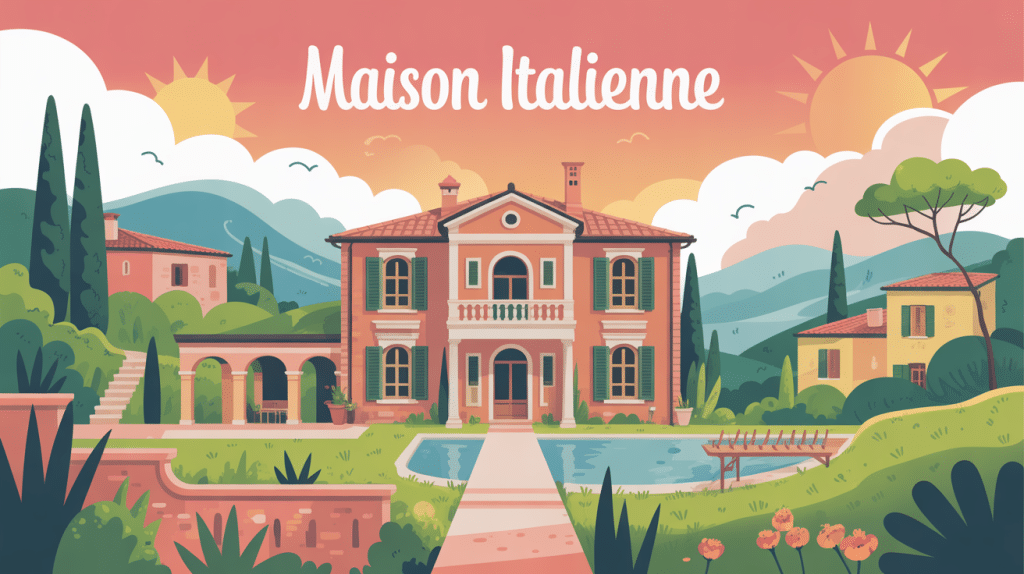 Illustration maisons italiennes paysage méditerranéen, villa toscane, arches et terrasse