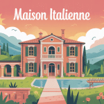 Illustration maisons italiennes paysage méditerranéen, villa toscane, arches et terrasse