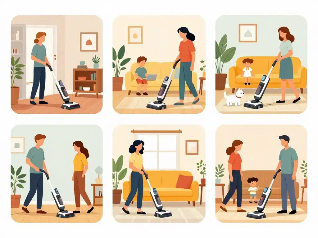 Scène familles utilisant le meilleur balai vapeur sans fil dans différents intérieurs