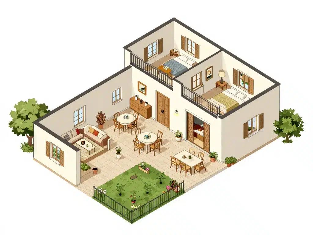 Diagramme plans maisons italiennes, espaces ouverts, terrasse et jardin