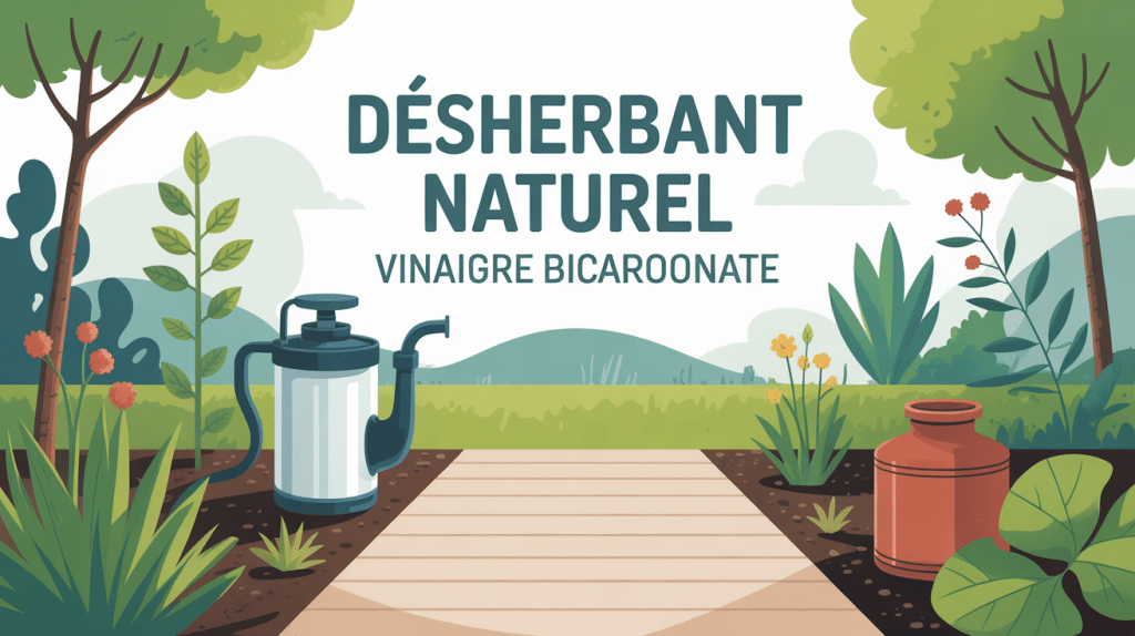 Recette désherbant naturel bicarbonate et vinaigre chemin graviers illustration