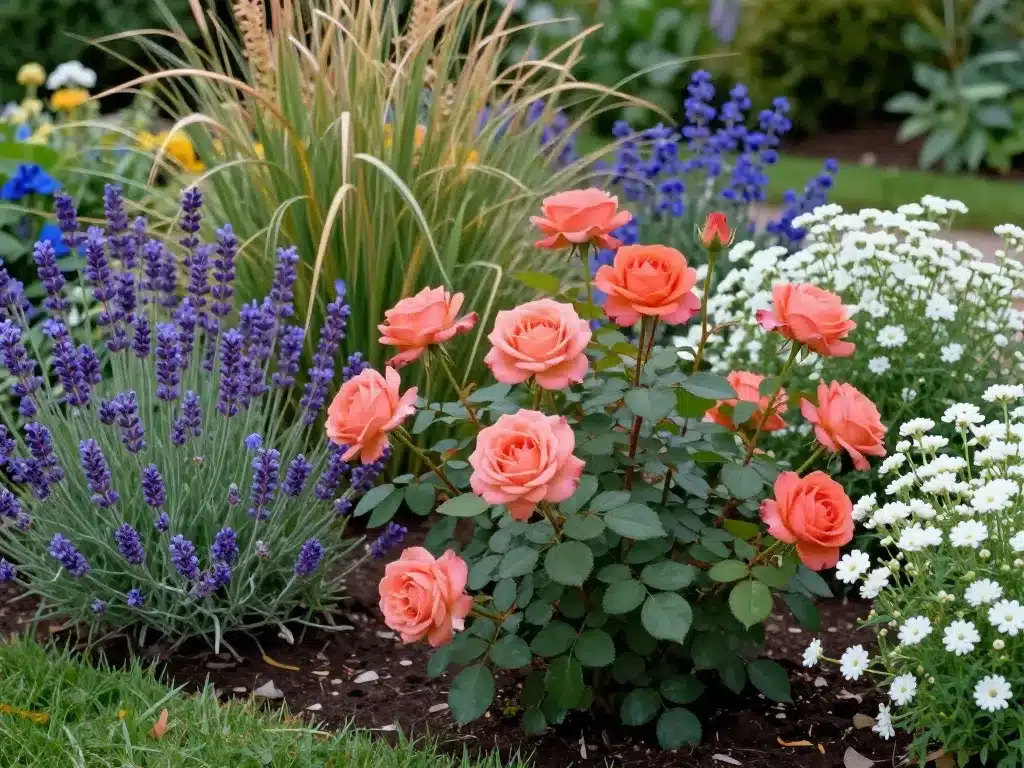 Rosa Super Star associée à vivaces et graminées en massif harmonieux
