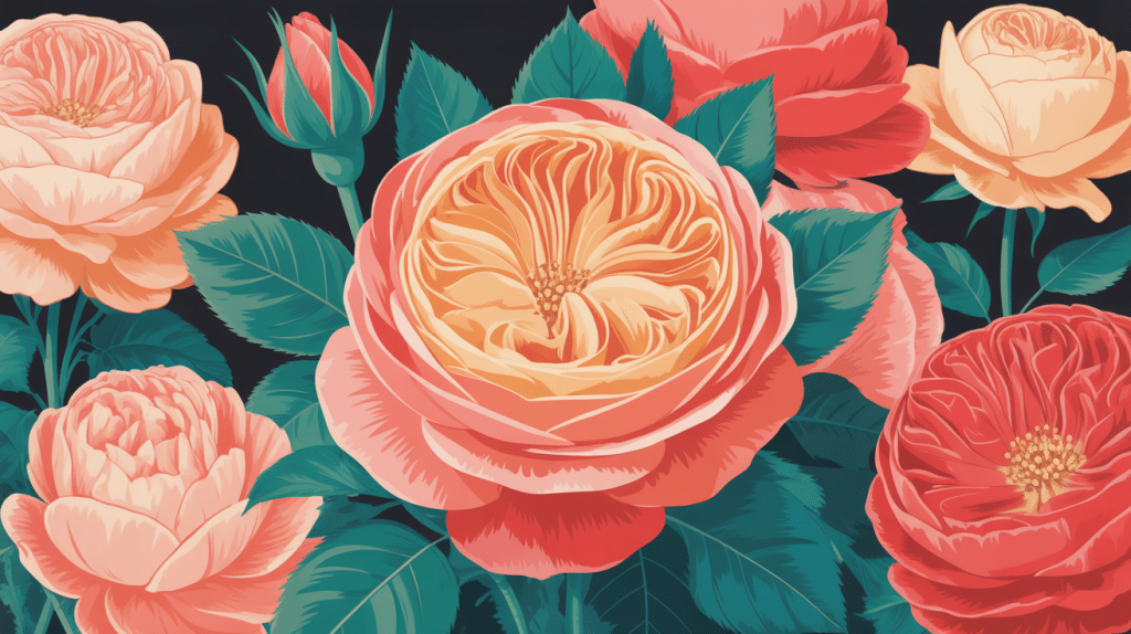 Rosa Super Star en fleurs orange saumon dans jardin élégant