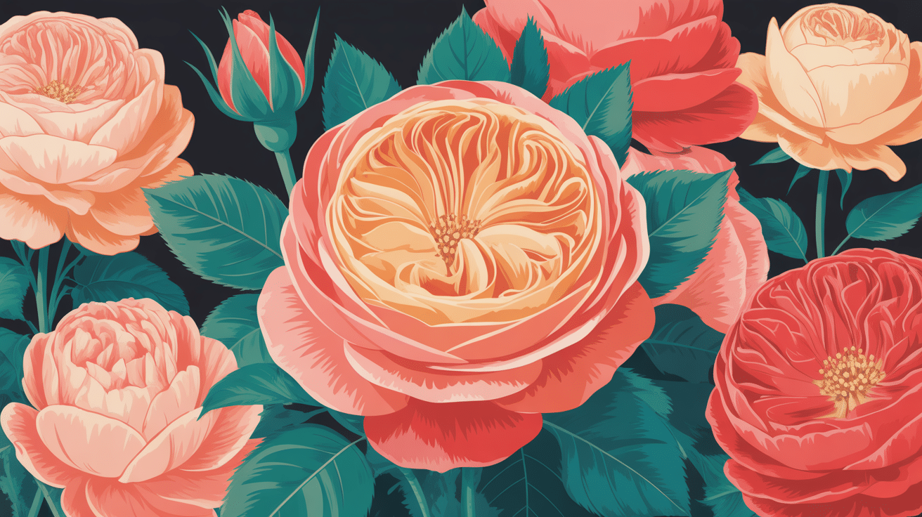 Rosa Super Star en fleurs orange saumon dans jardin élégant