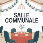 Illustration salle communale décorée pour événement chaleureux