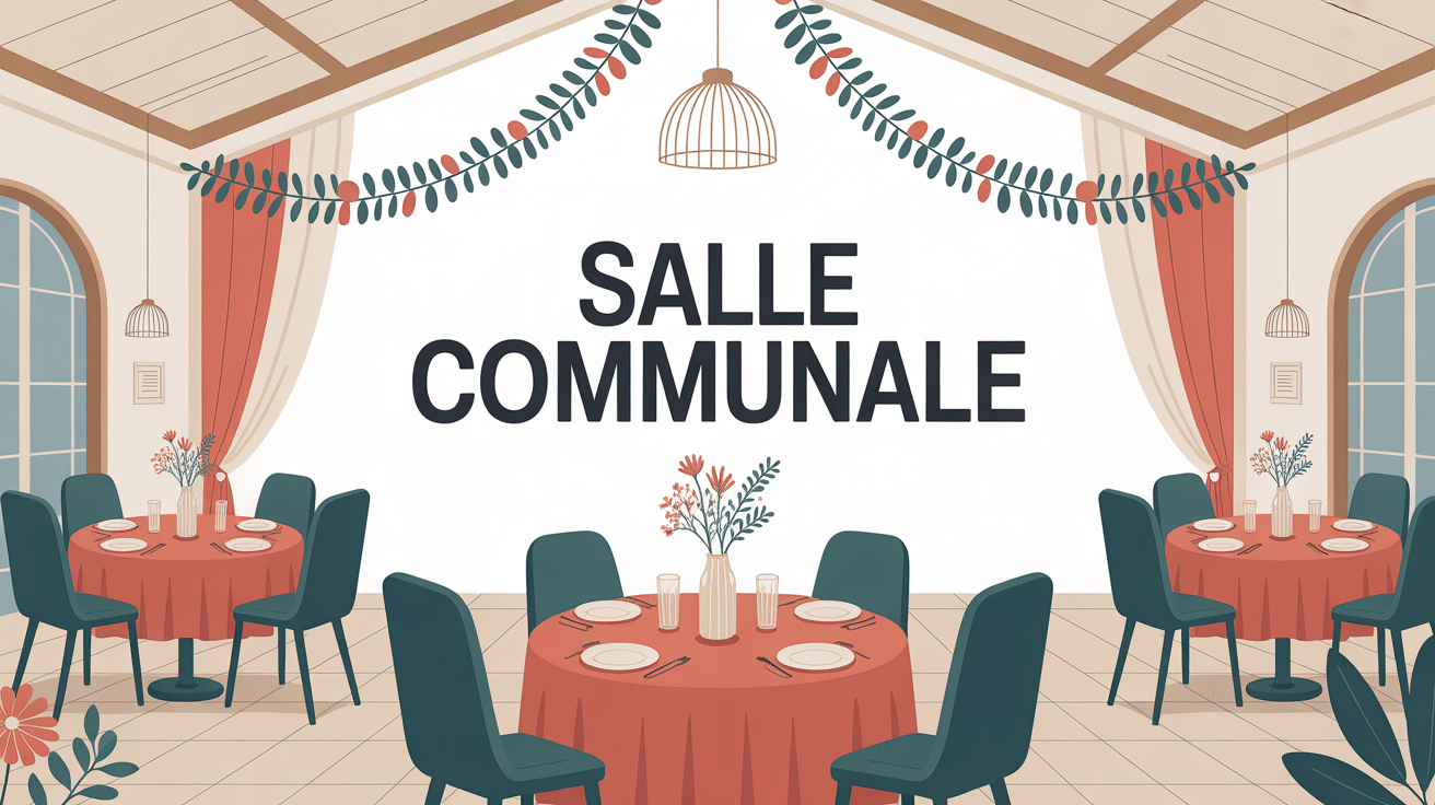 Illustration salle communale décorée pour événement chaleureux