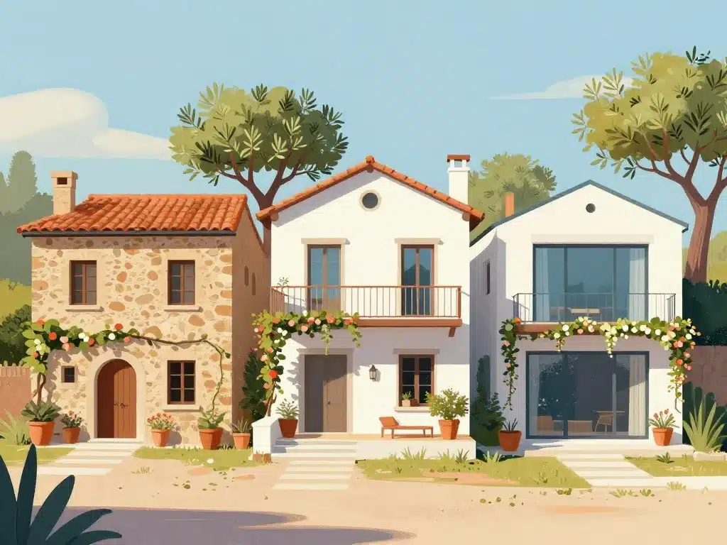 Différents styles maisons italiennes décoration, villa toscane, maison méditerranéenne et contemporaine