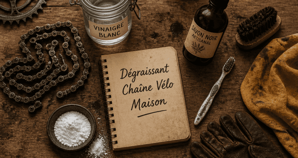 dégraissant chaîne vélo maison sur table atelier