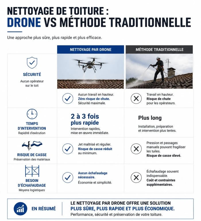 Comparatif nettoyage de toiture par drone vs méthode traditionnelle