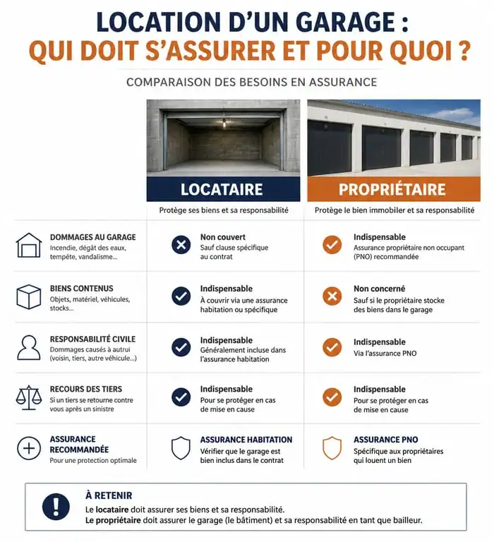 Infographie comparative des obligations et garanties d'assurance pour la location d'un garage ou box