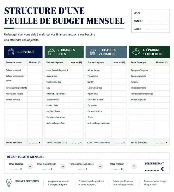 Exemple de structure pour une feuille de budget mensuel vierge à imprimer