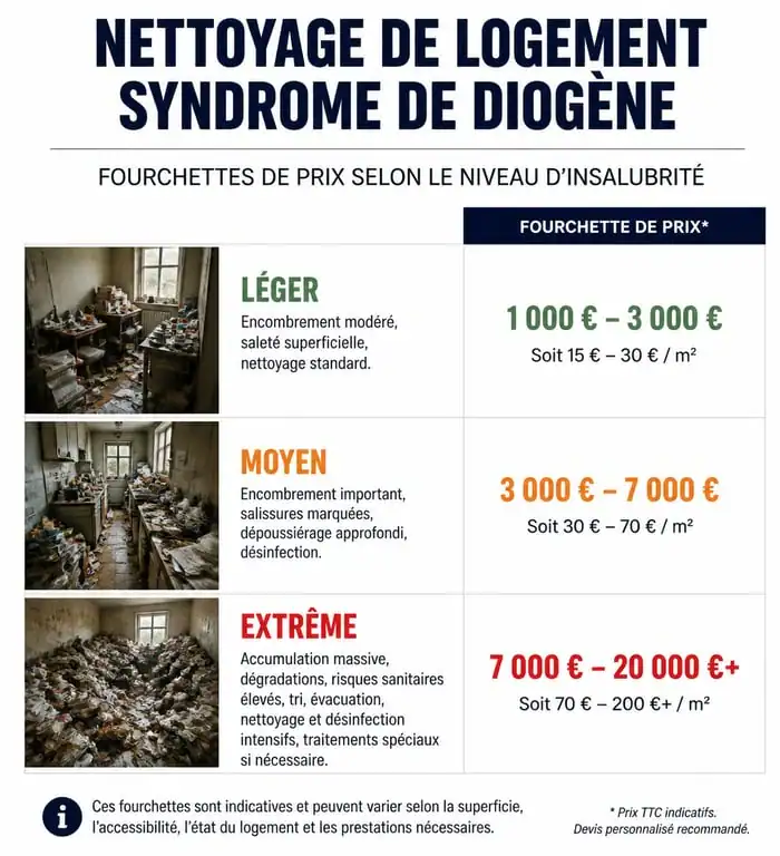 Infographie des tarifs de nettoyage syndrome de Diogène par niveau d'insalubrité