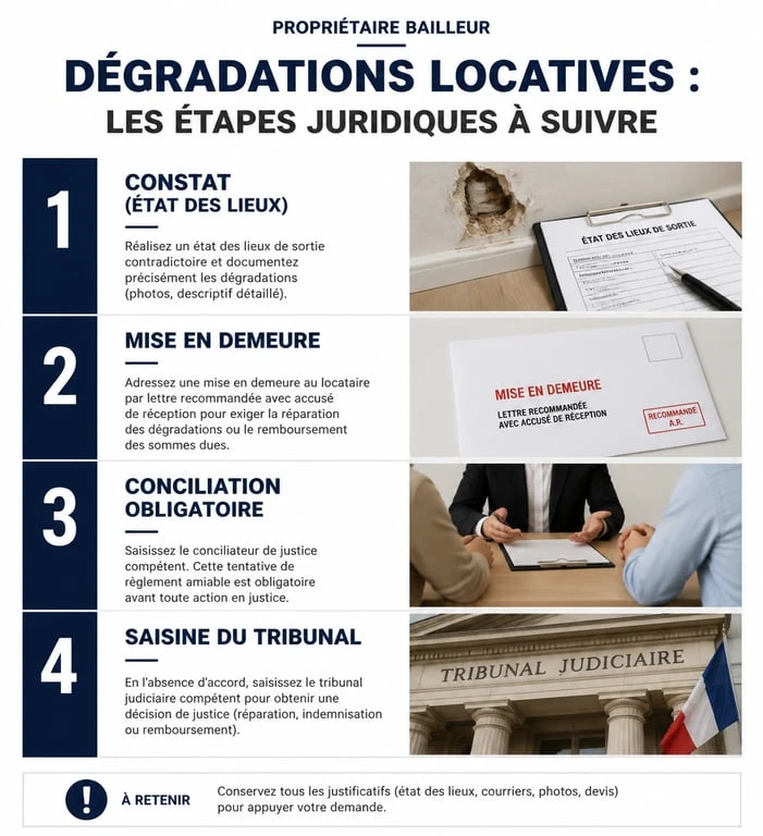 Infographie des étapes juridiques pour porter plainte contre son locataire pour dégradation