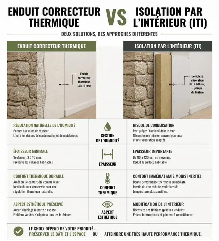 Infographie comparative : enduit correcteur thermique vs isolation classique pour la rénovation.