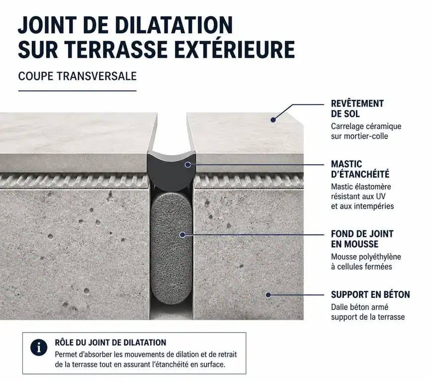 Schéma technique d'un joint de dilatation pour terrasse extérieure avec fond de joint et mastic