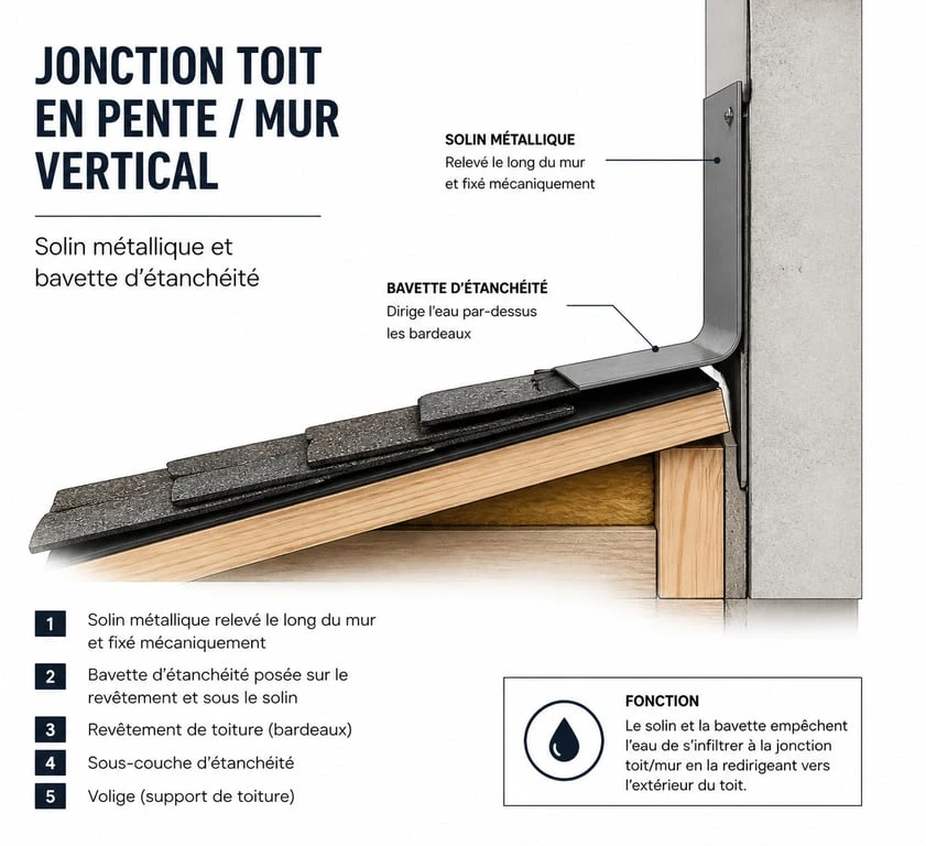 Schéma technique de l'étanchéité d'un toit contre un mur avec solin
