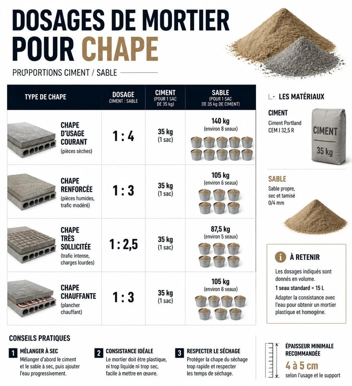 Tableau des dosages de ciment et sable pour le calcul pour une chape