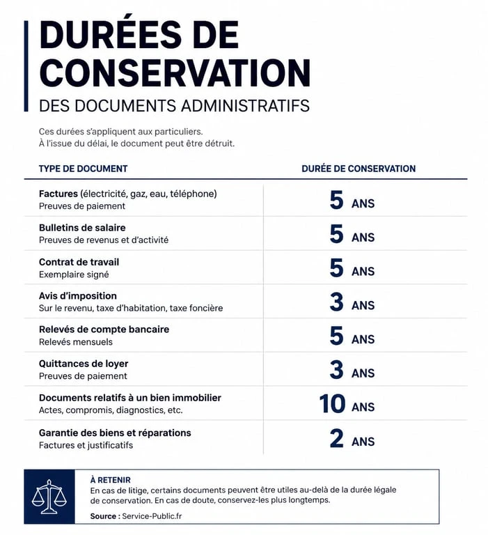 Tableau récapitulatif des durées de conservation des papiers administratifs et documents personnels