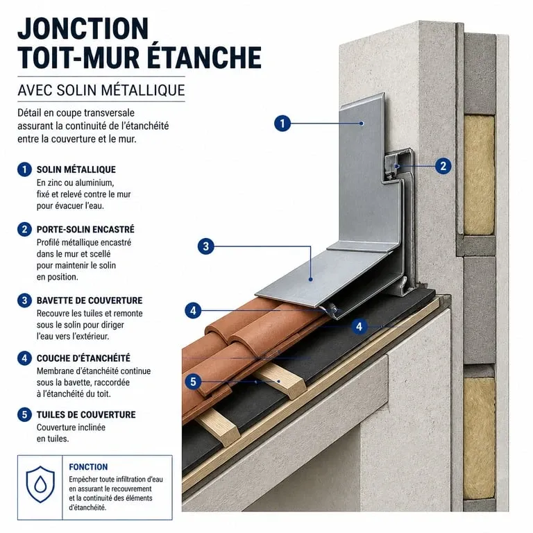 Schéma technique d'une jonction toit-mur pour une étanchéité optimale