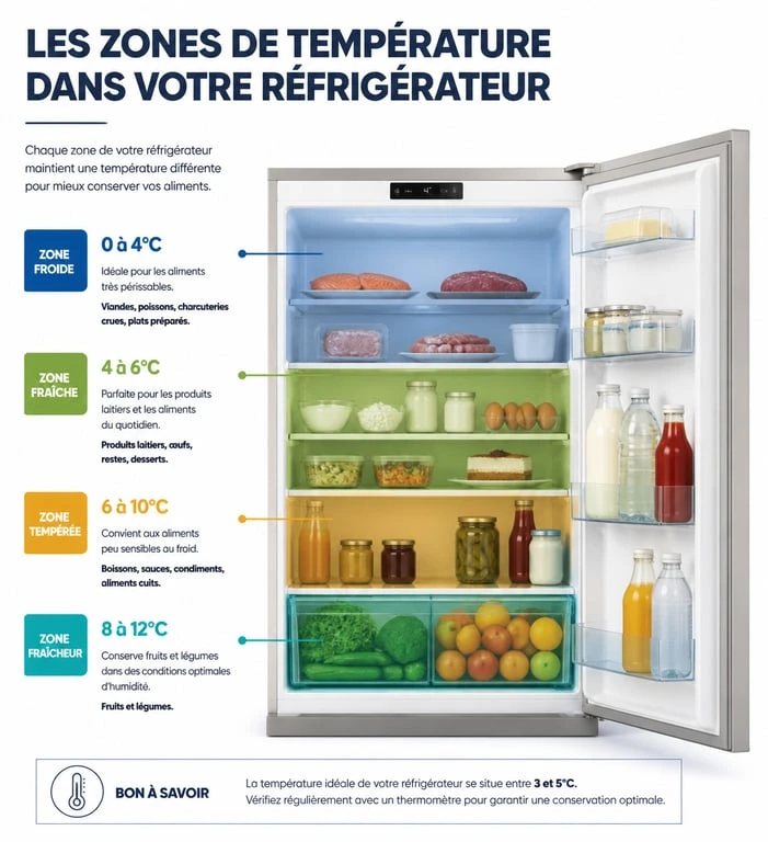Schéma des zones de température pour bien ranger son frigo