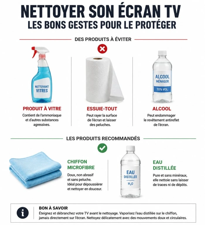 Infographie des bonnes pratiques pour nettoyer un écran TV sans l'endommager