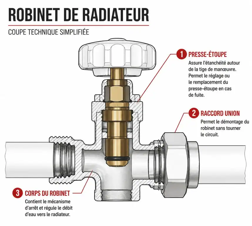 Schéma technique des composants d'un robinet de radiateur pour identifier l'origine d'une fuite