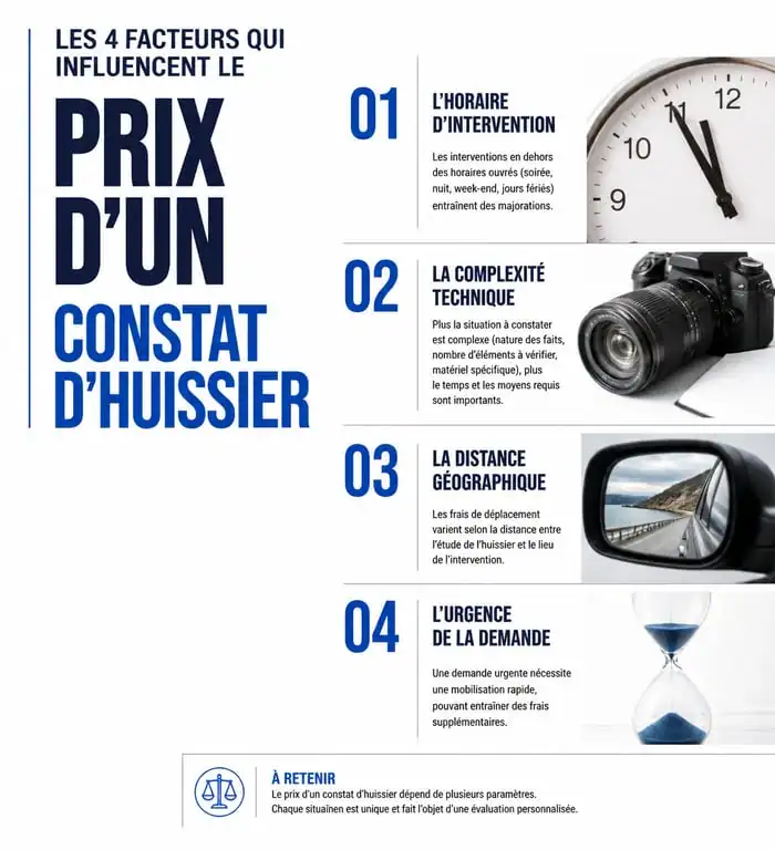 Infographie des facteurs influençant le prix d'un constat d'huissier pour litige de voisinage