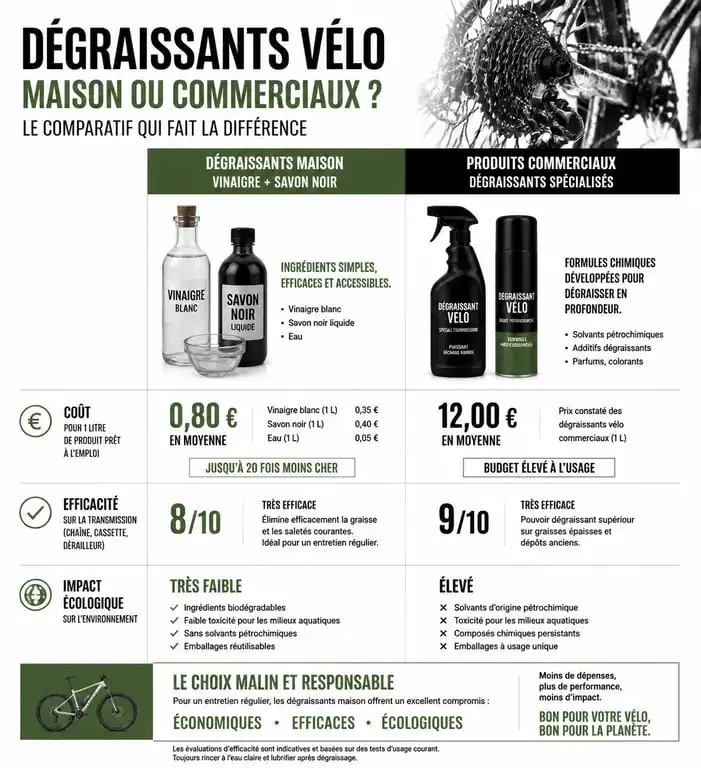 Infographie comparative : dégraissant chaîne vélo maison vs produit commercial