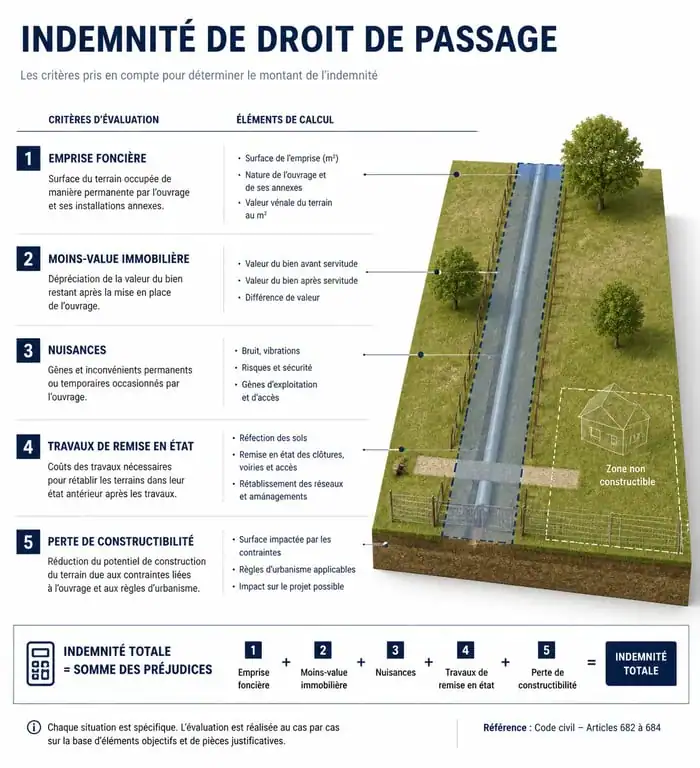 Infographie des critères de calcul de l'indemnisation pour un droit de passage