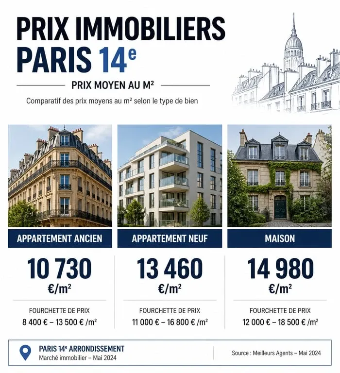 Infographie des prix au m2 à Paris 14 par type de bien immobilier