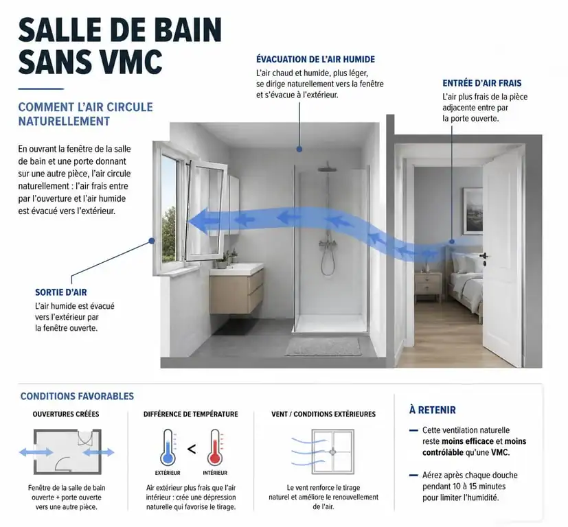 Schéma explicatif de la ventilation naturelle et du courant d'air pour une salle de bain sans VMC