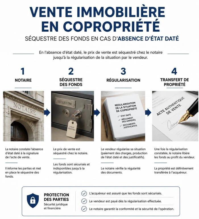 Schéma du processus de vente sans état daté avec séquestre chez le notaire
