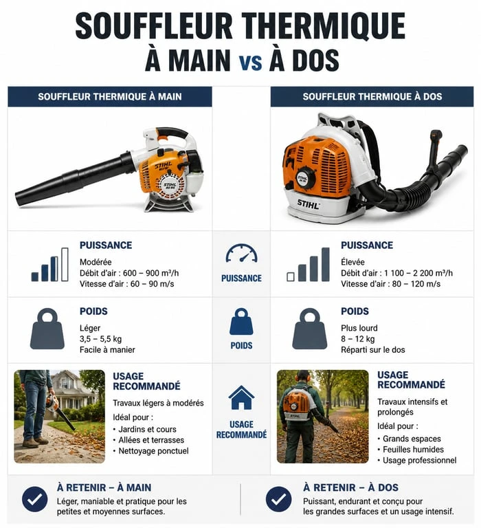 Comparatif souffleur thermique à main vs à dos pour choisir le meilleur souffleur thermique