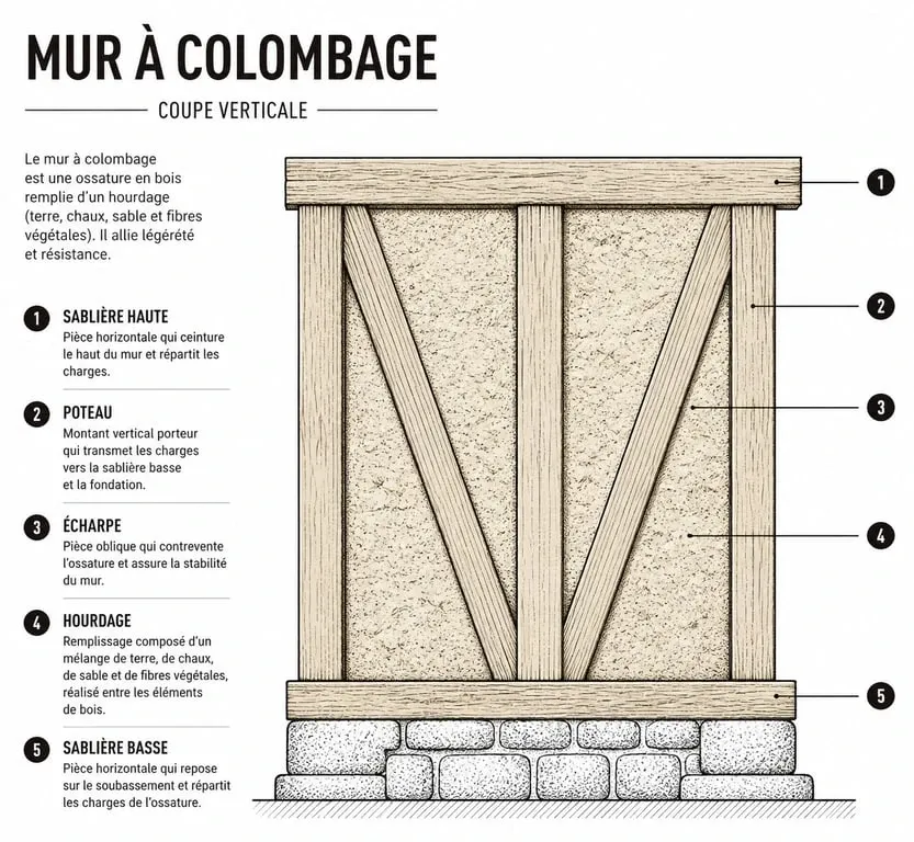 Schéma technique de la structure d'un mur à colombage avec ses éléments constitutifs
