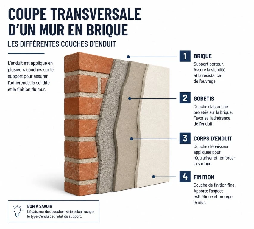 Schéma technique des couches d'enduit sur brique pour une rénovation durable