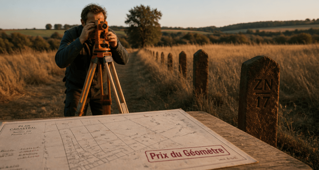 prix du geometre sur chantier rural avec theodolite et plan cadastral