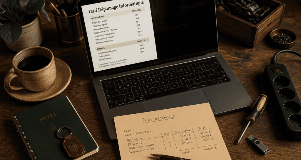 tarif dépannage informatique à domicile, bureau avec outils et devis