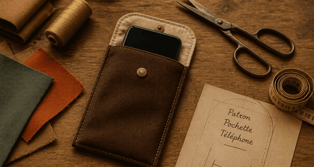 tuto pochette en tissu pour téléphone portable sur plan de travail
