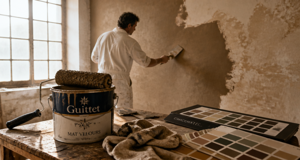 artisan applique peinture guittet sur mur ancien