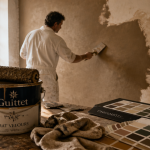 artisan applique peinture guittet sur mur ancien