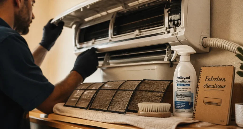 Climatiseur nettoyage : technicien ouvre l’unité intérieure et nettoie le filtre