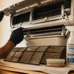 Climatiseur nettoyage : technicien ouvre l’unité intérieure et nettoie le filtre