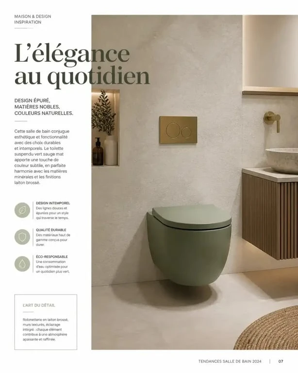 Toilette suspendu de couleur vert sauge mat dans une salle de bain moderne et élégante